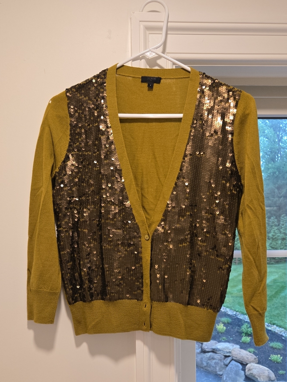 J CREW • Olive Green Wool Sequin Front Women's Cardigan Sweater, Size Small